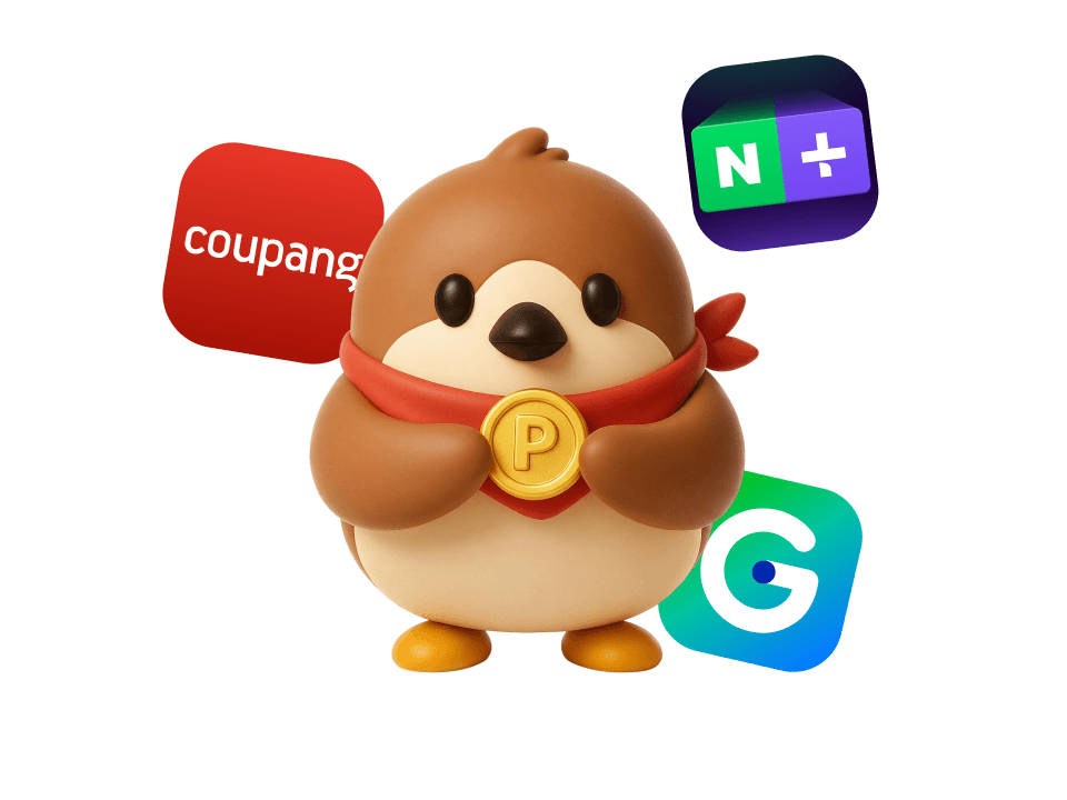 쿠팡·네이버·G마켓 앱 아이콘에 둘러싸인 참새마트 캐릭터
