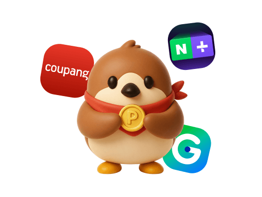 쿠팡·네이버·G마켓 앱 아이콘에 둘러싸인 참새마트 캐릭터